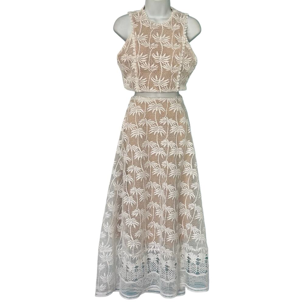 Pink Lemonade White Nude Palm Tree Pineappele Lace Crop Top Midi Skirt Set sz M - Picture 1 of 16